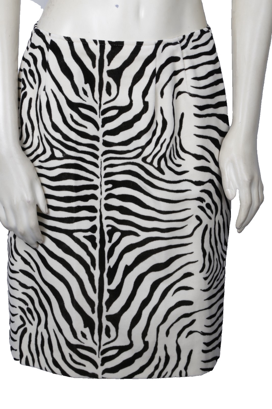 Vintage Doncaster Black White Cotton Velvet Zebra Print Pencil Midi Skirt Sz 10